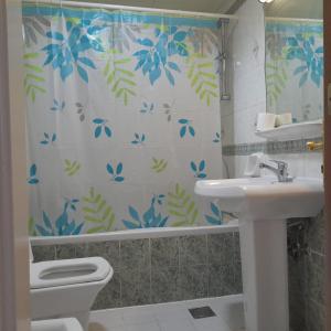 a bathroom with a toilet and a sink and a shower curtain at A Home Away From Home in Abu Dhabi
