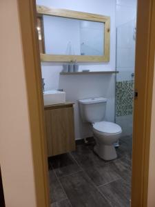 een badkamer met een toilet, een wastafel en een spiegel bij 1127 Apt in Sabaneta