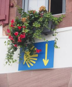 a sign on a window with flowers on it at La vita e bella in Saint-Jean-Pied-de-Port