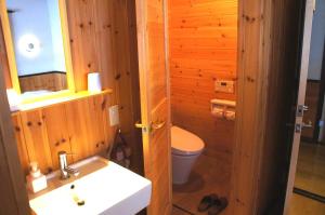 a bathroom with a toilet and a sink at Pension Ringo-no Ki in Hakuba