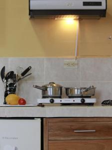 una cocina con 2 ollas y sartenes en una estufa en Casa Itabaca I en San Cristóbal