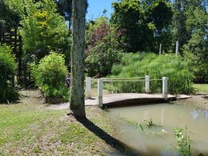 uma ponte de madeira sobre um lago num parque em Islavinia em Tigre