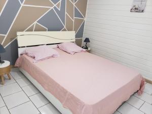 a bedroom with a bed with pink pillows at ptit coin hibiscus2 in Pointe-Noire