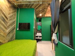 1 dormitorio con paredes verdes y 1 cama verde en Lightning House, en Da Lat