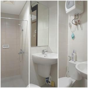 two pictures of a bathroom with a sink and a toilet at Apartement Borneo Bay Tower kartanegara Balikpapan in Balikpapan
