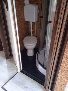 mała łazienka z toaletą i prysznicem w obiekcie Dom na wodzie z tarasem w Warszawie