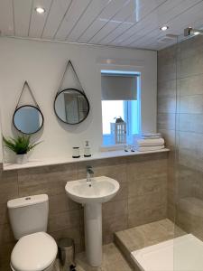Kincraig Apartment في آير: حمام مع مرحاض ومغسلة ومرآة