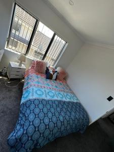 a bedroom with a bed with a blue comforter and two windows at Auckand Holiday in the Golden Circle in Auckland