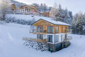 une maison dans la neige recouverte de neige dans l'établissement Höflehner Premium Eco Lodge, à Haus im Ennstal