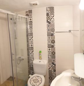 een badkamer met een toilet en een douche bij THE HOWARD PLACE - ENTIR HOME WITH A SEA VIEW FOR 5 GUESTs in Agios Nikolaos