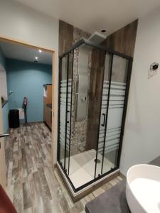 a bathroom with a glass shower and a sink at Studio Centre Ville Chinon in Chinon