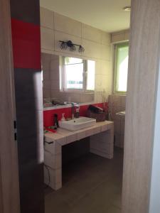 a bathroom with a white sink and a red wall at Letnisko nad Gopłem in Skulsk
