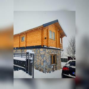 une cabane en rondins recouverte de neige dans l'établissement Vila Helena, à Kolašin