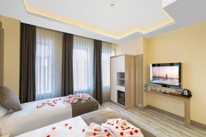 um quarto de hotel com duas camas e uma televisão de ecrã plano em BRAKO HOTEL em Istambul