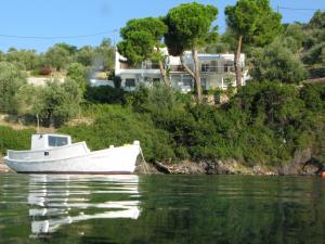 una barca in acqua con una casa sullo sfondo di Marianna Studios ad Aghios Petros Alonissos