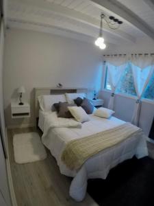 1 dormitorio con 1 cama grande y espejo en La cabaña de bariloche en San Carlos de Bariloche