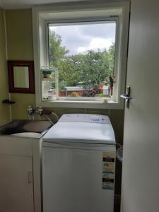 uma janela numa cozinha com uma máquina de lavar roupa em Stump Cottage em Christchurch