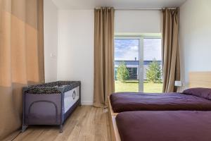 a bedroom with two beds and a large window at 360 Apartments in Užpelkiai