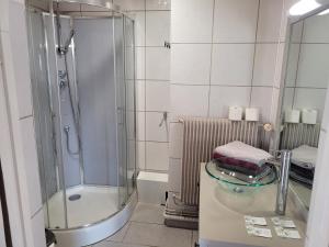 uma casa de banho com um chuveiro e uma mesa com um lavatório em Les Jolis Coeurs em Thiéfosse