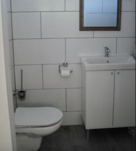 a white bathroom with a toilet and a sink at Strandstudio Cato, vlakbij zee! in Callantsoog +8 photos