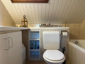 a bathroom with a white toilet and a bath tub at Vierbarke 73 in Nieuwpoort