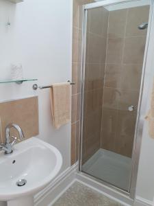 a bathroom with a shower and a sink at Chynoweth Lodge in Newquay