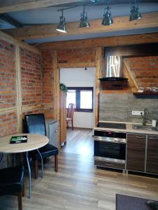 a kitchen with a table and a sink and a counter at Apartament Karamba in Szklarska Poręba