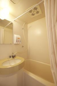 a bathroom with a sink and a shower and a mirror at Sankei City Hotel Hachioji in Hachioji