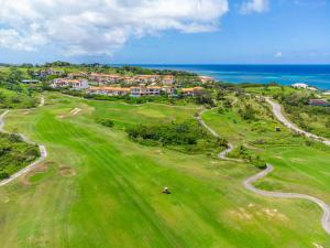 an aerial view of a golf course next to the ocean at Pristine Bay Beach Home 104 in French Harbour