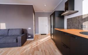 Modern apartment in Old Riga with a river view في ريغا: مطبخ وغرفة معيشة مع أريكة ومغسلة +صورتان