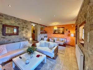 ein großes Wohnzimmer mit Sofas und einem Tisch in der Unterkunft Ocazzia of Parnassos in Polydrosos