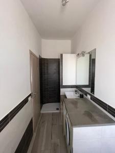 La salle de bains est pourvue d'un lavabo et d'un miroir. dans l'établissement La terrazza sul Trebbia, à Rivergaro