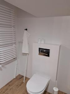 biała łazienka z toaletą i ręcznikiem w obiekcie Apartamenty Zielony Liść w Ciechocinku