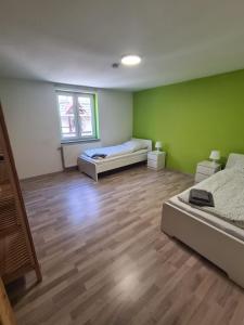 a room with two beds and green walls at Wölfersheim-Berstadt in Wölfersheim