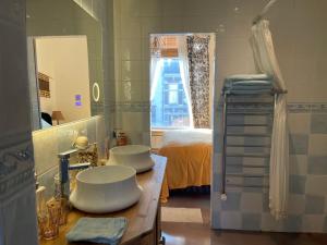 哈萊姆的住宿－Oase van Haarlem, 15 minuten van Amsterdam，浴室设有2个水槽、1张床和1面镜子