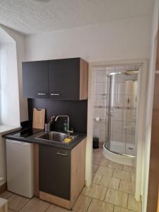 a small kitchen with a sink and a shower at milanoannaberg 2 in Annaberg-Buchholz
