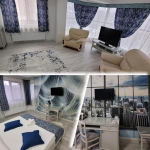 twee foto's van een woonkamer en een slaapkamer bij Hotel Dorobanti in Iaşi