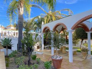 dziedziniec z palmami i białym domem w obiekcie Villa Sandra Little Haven Apartment w mieście Nerja
