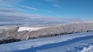 a snow covered hill with a fence in the distance at Grand'Roche in Cornimont