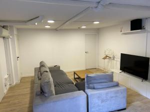 sala de estar con sofá, 2 sillas y TV de pantalla plana en Apartamento independiente en Sant Cugat del Valles con piscina en Sant Cugat del Vallès
