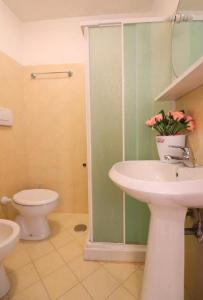 La salle de bains est pourvue d'un lavabo, de toilettes et d'une douche. dans l'établissement RELAX MARGHERITA, à Colli di Fontanelle