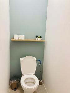 a bathroom with a toilet with a shelf above it at Appartement Riquet - centre ville, rdc, climatisé, jardin, parking privée in Castelnaudary
