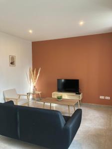 ein Wohnzimmer mit einem Sofa und einem TV in der Unterkunft Appartement Riquet - centre ville, rdc, climatisé, jardin, parking privée in Castelnaudary