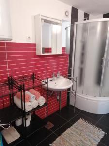 a red bathroom with a sink and a shower at Apartman Nora in Hvar