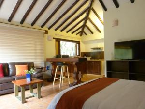 1 dormitorio con cama, sofá y escritorio en Bombon spa destination, en Villa de Leyva