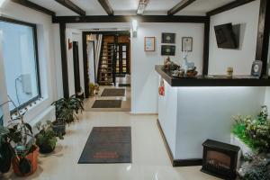 a living room with a counter and some plants at Domeniul CRIS Vatra Dornei in Vatra Dornei