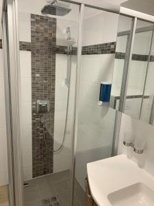 y baño con ducha y lavamanos. en Exzellentes Apartment mit toller Aussicht! en Linz