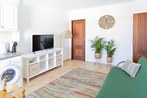 a living room with a tv and a washing machine at Cabanas Vintage Apartment in Tavira