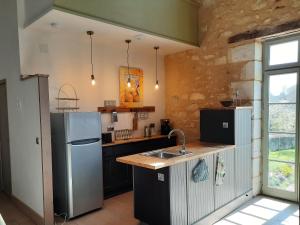 cocina con nevera y fregadero en Loire Valley village centre apartment chezANIA, en Le Grand-Pressigny