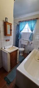 a bathroom with a tub and a toilet and a sink at Aloe Inn Guest Farm in Piet Retief